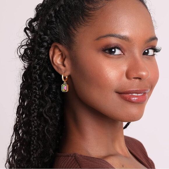 18K Yellow Gold with Vitrail Medium Crystal Dangling Octagon Huggie Earrings - Picture 4 of 7